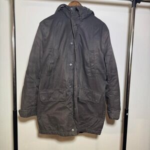 H&M Dark Brown Long Zip Up Hooded Barn Coat with Wax Like Outer Layer Size M